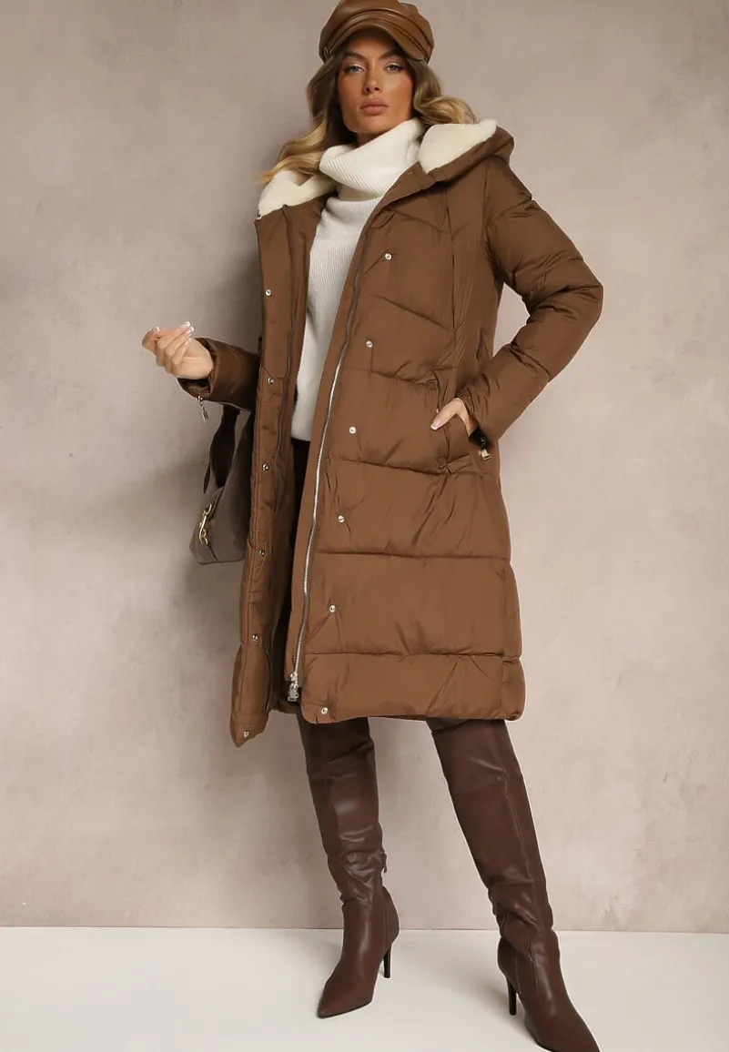 Brązowa Długa Kurtka Pikowana z Kapturem Wiązana w Pasie Neanethra