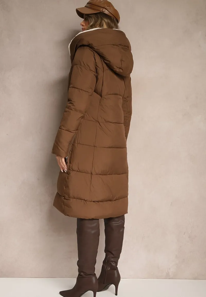 Brązowa Długa Kurtka Pikowana z Kapturem Wiązana w Pasie Neanethra