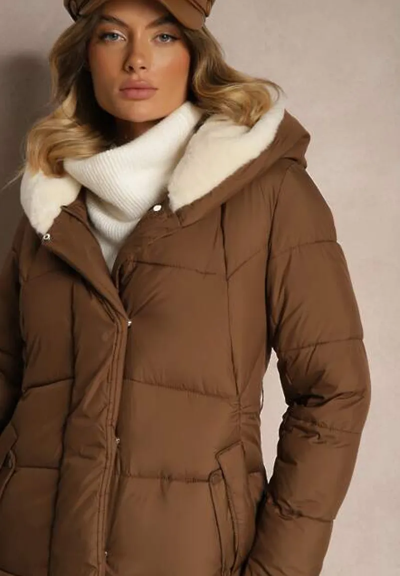 Brązowa Długa Kurtka Pikowana z Kapturem Wiązana w Pasie Neanethra