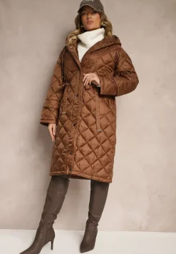 Brązowa Długa Kurtka z Kapturem i Paskiem w Talii Zdobiona Pikowanymi Przeszyciami Nikilya