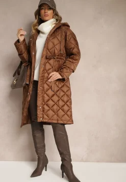 Brązowa Długa Kurtka z Kapturem i Paskiem w Talii Zdobiona Pikowanymi Przeszyciami Nikilya