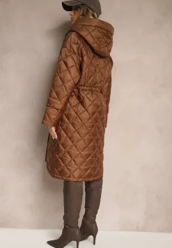 Brązowa Długa Kurtka z Kapturem i Paskiem w Talii Zdobiona Pikowanymi Przeszyciami Nikilya