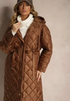 Brązowa Długa Kurtka z Kapturem i Paskiem w Talii Zdobiona Pikowanymi Przeszyciami Nikilya