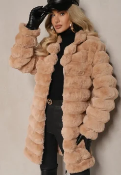 Brązowa Długa Pikowana Kurtka Futrzana Sinevia