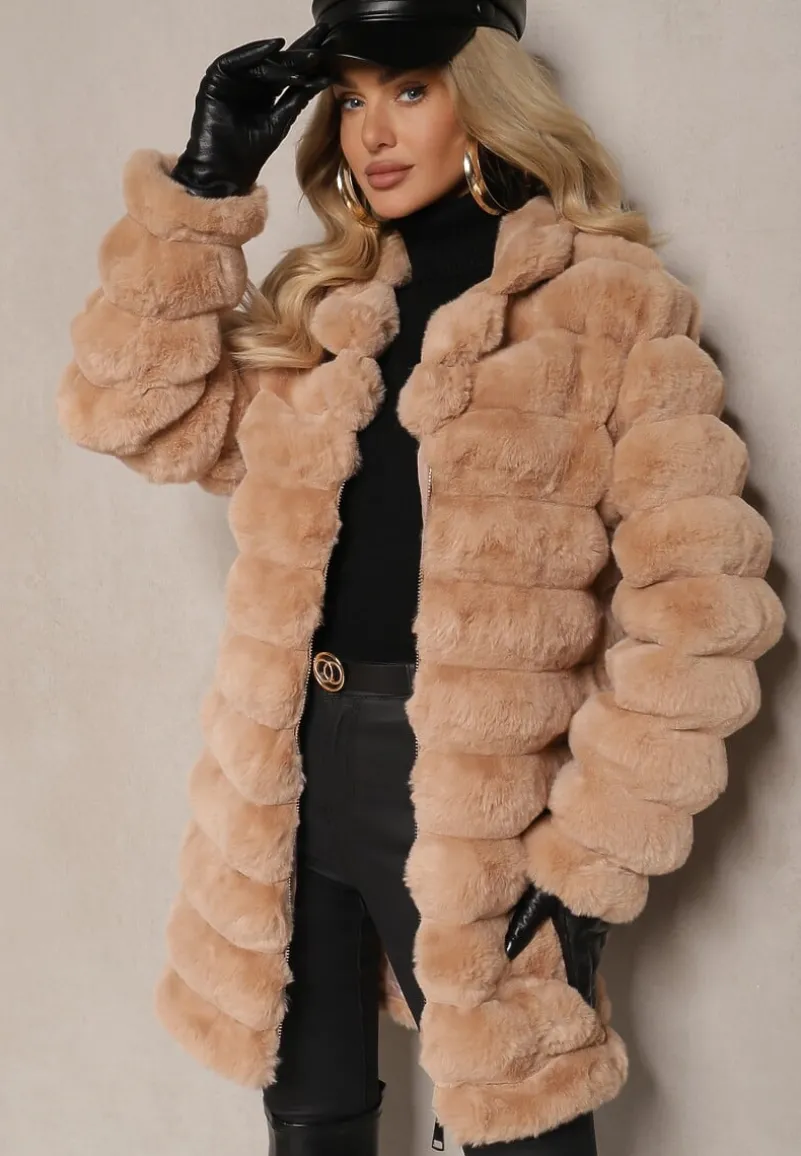 Brązowa Długa Pikowana Kurtka Futrzana Sinevia