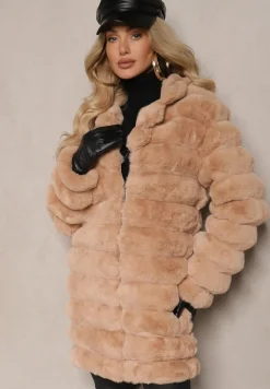 Brązowa Długa Pikowana Kurtka Futrzana Sinevia