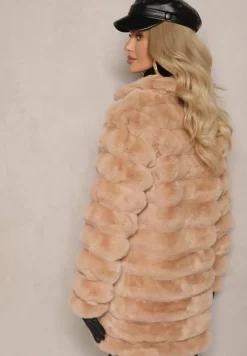 Brązowa Długa Pikowana Kurtka Futrzana Sinevia