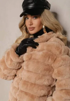 Brązowa Długa Pikowana Kurtka Futrzana Sinevia