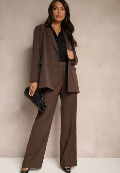 Brązowa Dwurzędowa Marynarka na Guziki z Poduszkami w Ramionach Elennia