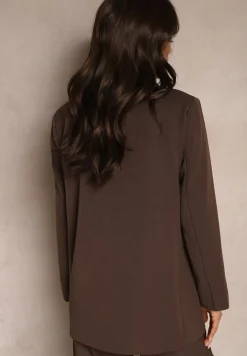 Brązowa Dwurzędowa Marynarka na Guziki z Poduszkami w Ramionach Elennia