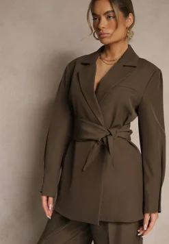 Brązowa Dwurzędowa Marynarka z Geometrycznym Wiązanym Paskiem Lanniva