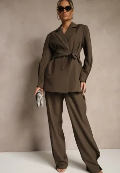 Brązowa Dwurzędowa Marynarka z Geometrycznym Wiązanym Paskiem Lanniva