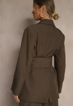 Brązowa Dwurzędowa Marynarka z Geometrycznym Wiązanym Paskiem Lanniva