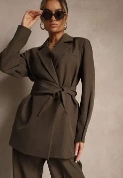 Brązowa Dwurzędowa Marynarka z Geometrycznym Wiązanym Paskiem Lanniva