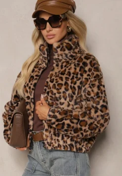 Brązowa Futerkowa Kurtka w Panterkowy Print o Klasycznym Kroju ze Stójką i Kieszeniami Belabine