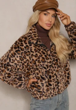 Brązowa Futerkowa Kurtka w Panterkowy Print o Klasycznym Kroju ze Stójką i Kieszeniami Belabine