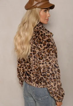 Brązowa Futerkowa Kurtka w Panterkowy Print o Klasycznym Kroju ze Stójką i Kieszeniami Belabine