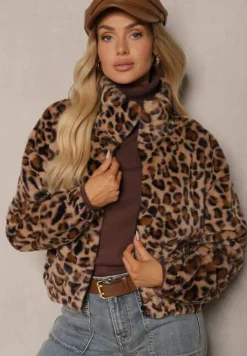 Brązowa Futerkowa Kurtka w Panterkowy Print o Klasycznym Kroju ze Stójką i Kieszeniami Belabine