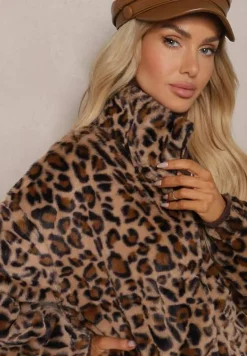 Brązowa Futerkowa Kurtka w Panterkowy Print o Klasycznym Kroju ze Stójką i Kieszeniami Belabine