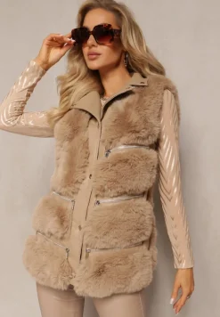 Brązowa Futrzana Kamizelka z Ozdobnymi Suwakami Sittame