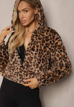 Brązowa Futrzana Kurtka w Panterkę o Krótkim Kroju z Kapturem Labinea
