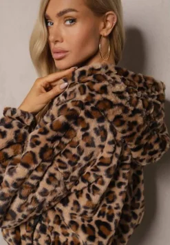 Brązowa Futrzana Kurtka w Panterkę o Krótkim Kroju z Kapturem Labinea