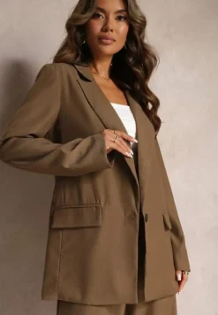 Brązowa Gładka Klasyczna Marynarka z Guzikiem i Kieszeniami Electrane