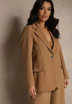 Brązowa Jednorzędowa Marynarka o Klasycznym Kroju Zdobiona Imitacją Kieszeni Zenzeri