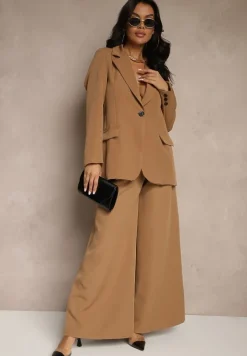 Brązowa Jednorzędowa Marynarka o Klasycznym Kroju Zdobiona Imitacją Kieszeni Zenzeri