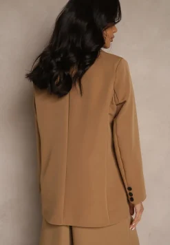 Brązowa Jednorzędowa Marynarka o Klasycznym Kroju Zdobiona Imitacją Kieszeni Zenzeri