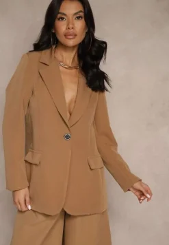 Brązowa Jednorzędowa Marynarka o Klasycznym Kroju Zdobiona Imitacją Kieszeni Zenzeri