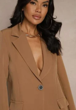 Brązowa Jednorzędowa Marynarka o Klasycznym Kroju Zdobiona Imitacją Kieszeni Zenzeri