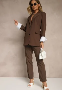 Brązowa Jednorzędowa Marynarka z Wywiniętymi Rękawami i Usztywnioną Linią Ramion Mialassa