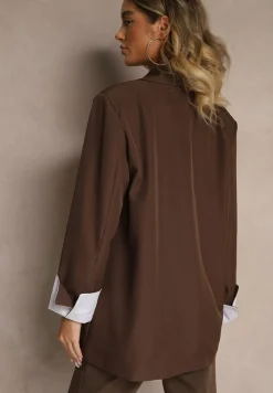Brązowa Jednorzędowa Marynarka z Wywiniętymi Rękawami i Usztywnioną Linią Ramion Mialassa