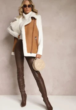 Brązowa Kamizelka Bezrękawnik z Asymetrycznym Zapięciem i Futerkiem Sadarra