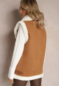 Brązowa Kamizelka Bezrękawnik z Asymetrycznym Zapięciem i Futerkiem Sadarra