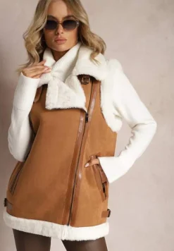 Brązowa Kamizelka Bezrękawnik z Asymetrycznym Zapięciem i Futerkiem Sadarra