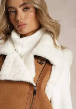 Brązowa Kamizelka Bezrękawnik z Asymetrycznym Zapięciem i Futerkiem Sadarra