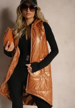 Brązowa Kamizelka o Długim Kroju Wykończona Imitacją Kieszeni i Kapturem Mavaline