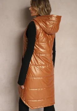 Brązowa Kamizelka o Długim Kroju Wykończona Imitacją Kieszeni i Kapturem Mavaline