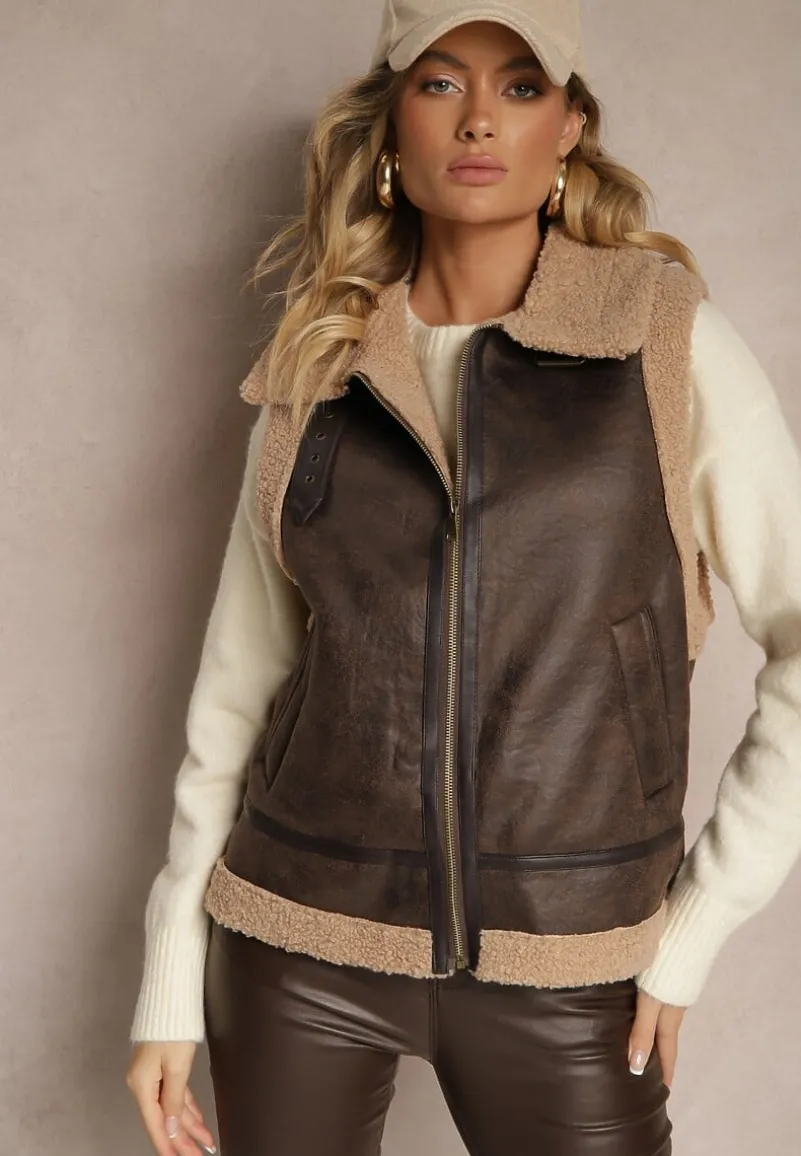 Brązowa Kamizelka Ozdobiona Wstawkami z Futerka Reaelia