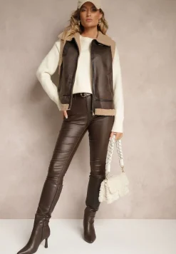 Brązowa Kamizelka Ozdobiona Wstawkami z Futerka Reaelia