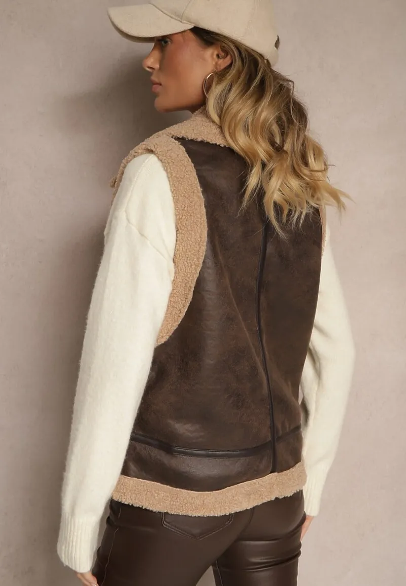 Brązowa Kamizelka Ozdobiona Wstawkami z Futerka Reaelia