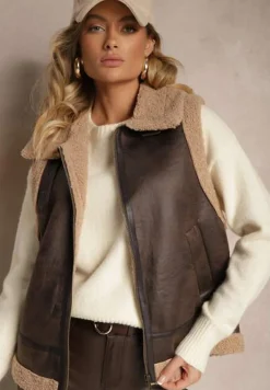 Brązowa Kamizelka Ozdobiona Wstawkami z Futerka Reaelia