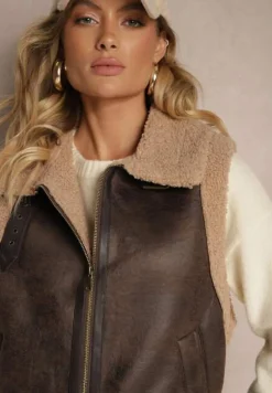 Brązowa Kamizelka Ozdobiona Wstawkami z Futerka Reaelia