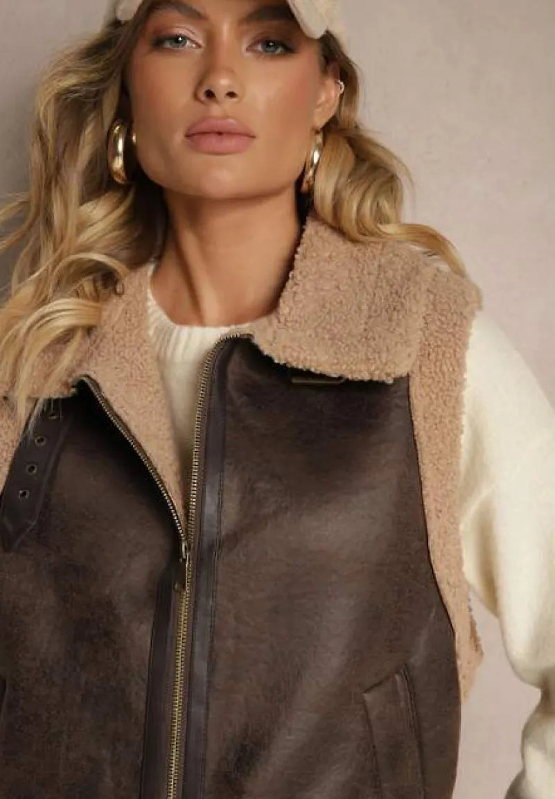 Brązowa Kamizelka Ozdobiona Wstawkami z Futerka Reaelia