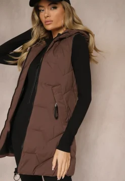 Brązowa Kamizelka Pikowana o Długim Kroju z Kapturem Zapinana na Suwak Terilenes