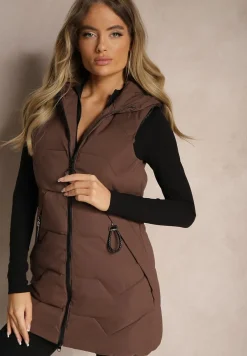 Brązowa Kamizelka Pikowana o Długim Kroju z Kapturem Zapinana na Suwak Terilenes