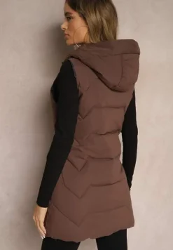 Brązowa Kamizelka Pikowana o Długim Kroju z Kapturem Zapinana na Suwak Terilenes