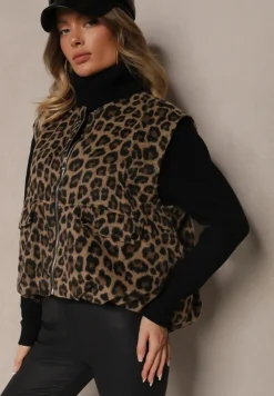 Brązowa Kamizelka z Dodatkiem Lnu Oversize w Panterkę Enarielin